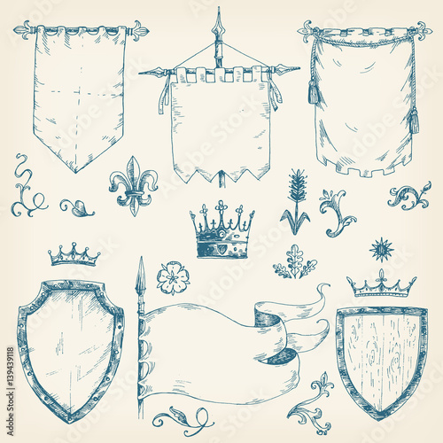 Vector hand drawn collection of heraldic templates: shield, flag
