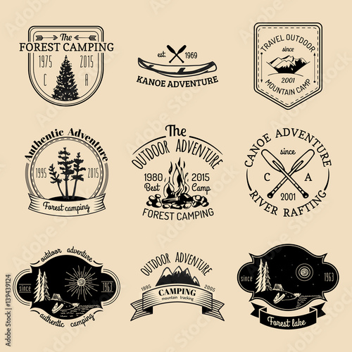 Vector set of vintage camping logos. Retro signs collection of outdoor adventures. Tourist sketches for emblems, badges.