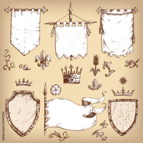 Vector hand drawn collection of heraldic templates: shield, flag