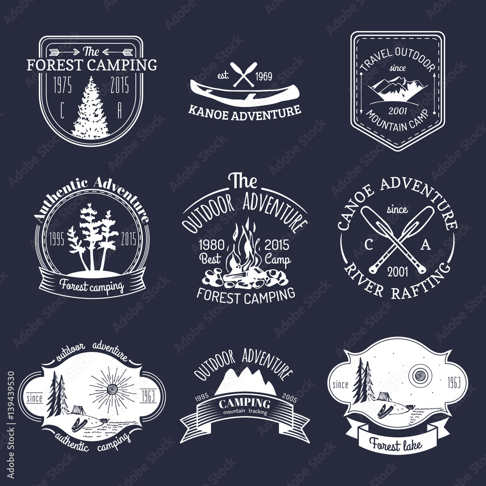 Vector set of vintage camping logos. Retro signs collection of outdoor adventures. Tourist sketches for emblems, badges.