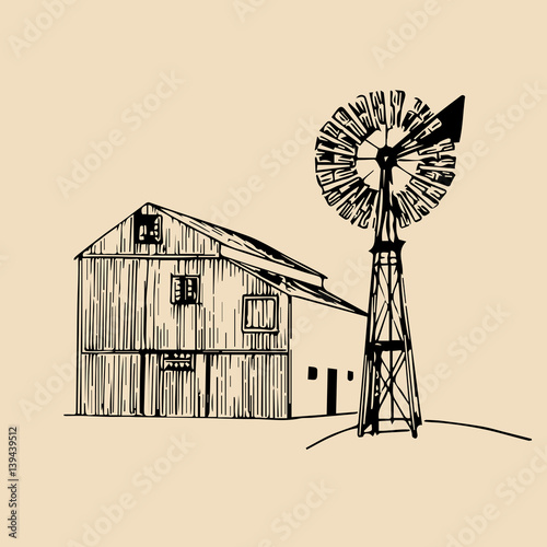 Vector illustration of traditional farm barn with windmill in sketched style. Organic bio products poster. Eco food sign