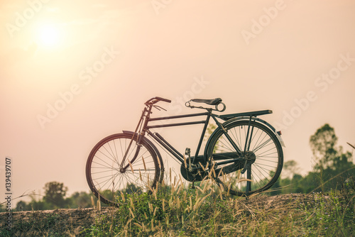 Landscape picture Vintage Bicycle with Summer grass field at sunset   vintage filter style.classic bicycle,old bicycle style for greeting Cards ,post card © Looker_Studio