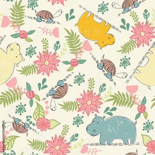 Vector seamless pattern with cartoon animals and flowers