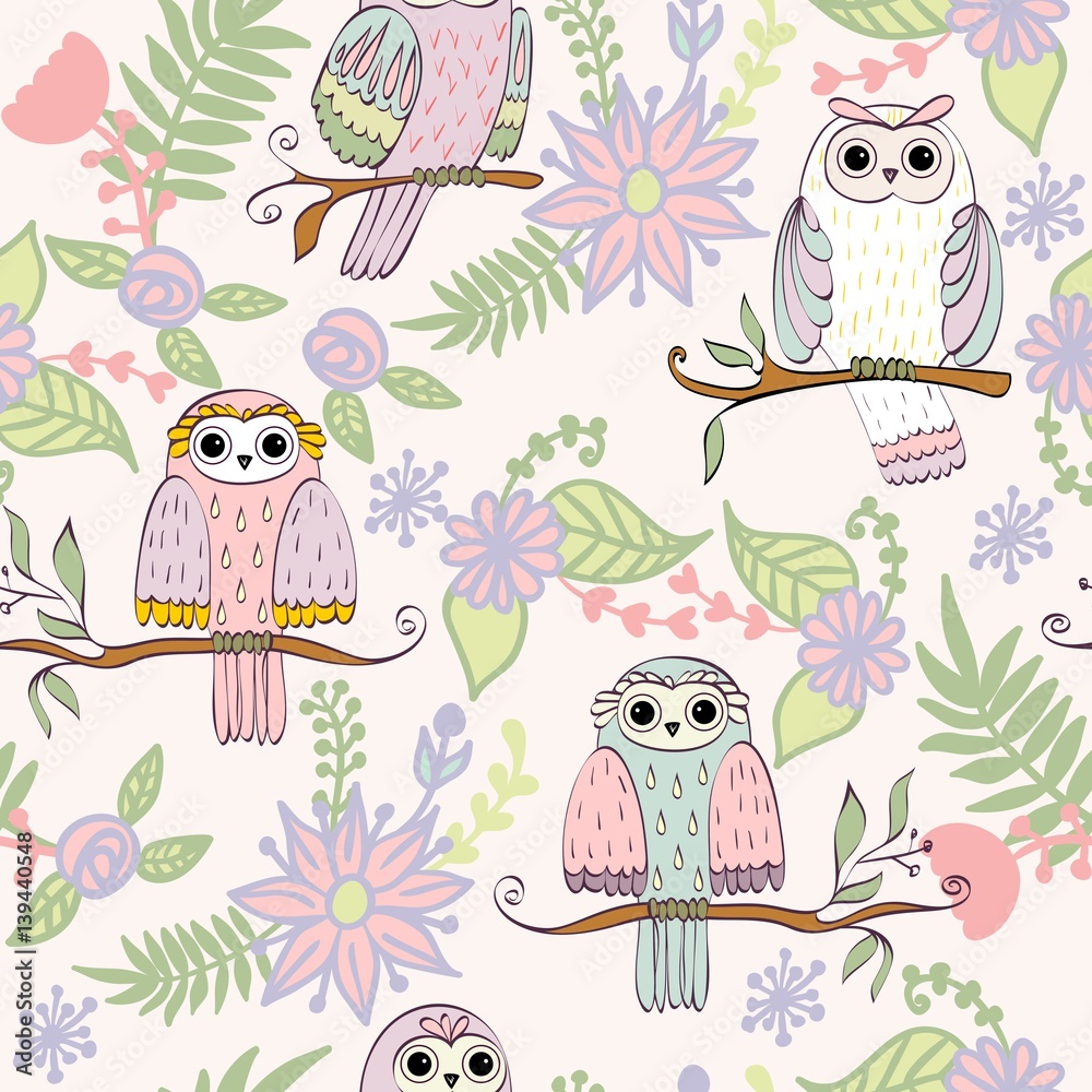 Fototapeta premium Vector seamless pattern with owls and flowers