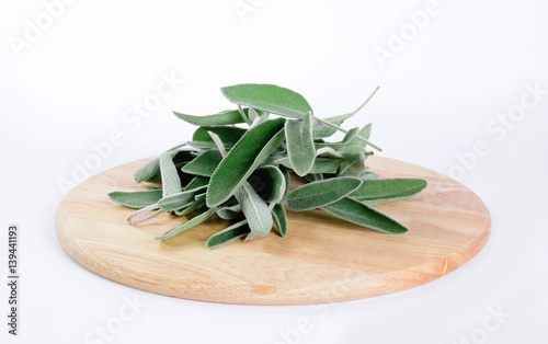 Sage leaves on round wooden cutting board photo