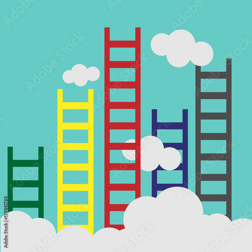 Success ladder leading to cloud and many short ones. Business, goal, competition, unique, progress, challenge, hope and leadership concept.