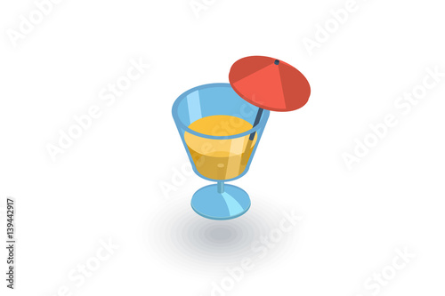 cocktail glass umbrella, juice drink, isometric flat icon. 3d vector colorful illustration. Pictogram isolated on white background
