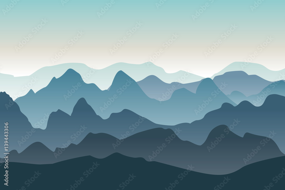 Mountains vector landscape. Nature background in the morning. Peaked mountain ranges.