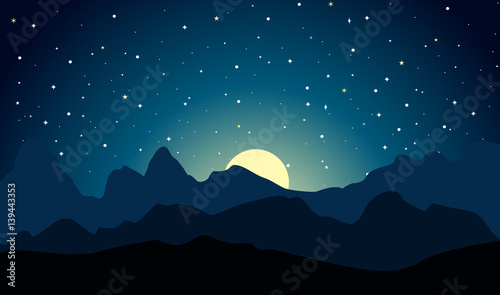 Mountains vector landscape at moonlit night. Outdoor background. Peaked mountain ranges.