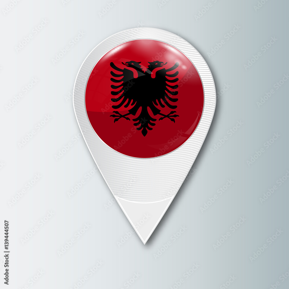 Pointer with the national flag of Albania in the ball with reflection. Tag to indicate the location. Realistic vector illustration. Pointer with the national flag of Albania in the ball with reflection. Tag to indicate the location. Realistic vector illustration.