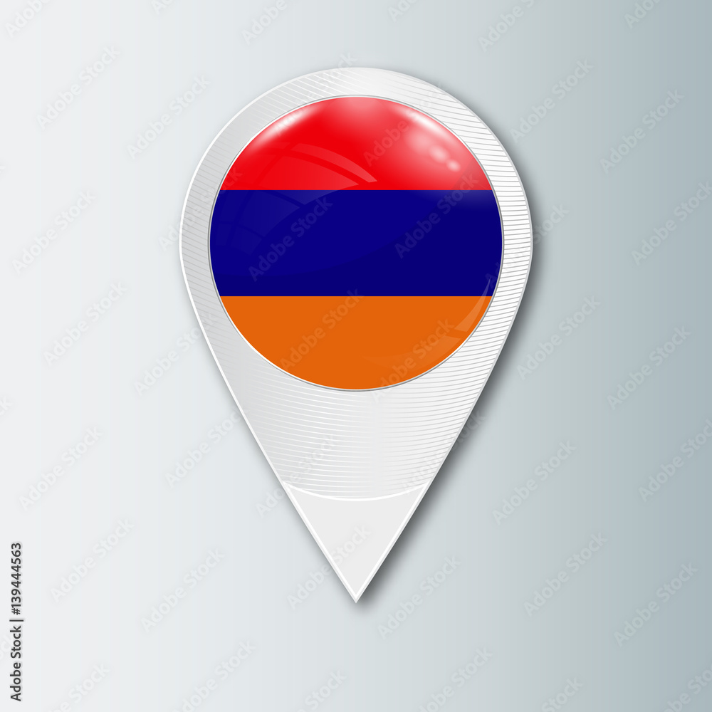 Pointer with the national flag of Armenia in the ball with reflection. Tag to indicate the location. Realistic vector illustration. Pointer with the national flag of Armenia in the ball with reflection. Tag to indicate the location. Realistic vector illustration.
