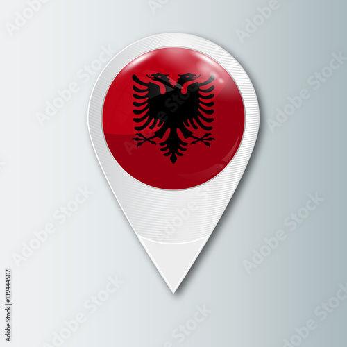 Pointer with the national flag of Albania in the ball with reflection. Tag to indicate the location. Realistic vector illustration.