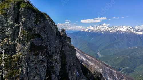 Panoramic view of the Caucasus Mountains. Krasnaya Polyana, Sochi, Russia. 
