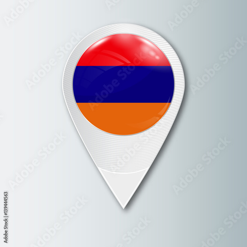 Pointer with the national flag of Armenia in the ball with reflection. Tag to indicate the location. Realistic vector illustration.