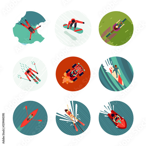 Extreme sport flat icons set. Top view.