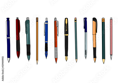 set of colored pencils and pens.