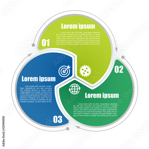 Circle infographic template 3 steps. Colorful parts with business icons and numbers. For presentation and design concept. Vector illustration.