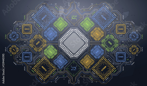 Modern Background with futuristic user interface. Electronic computer hardware technology. Motherboard digital chip. Integrated communication processor. Information engineering component.