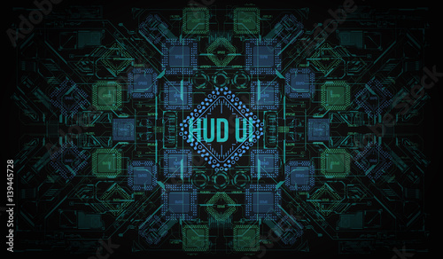 Modern Background with futuristic user interface. Electronic computer hardware technology. Motherboard digital chip. Integrated communication processor. Information engineering component.