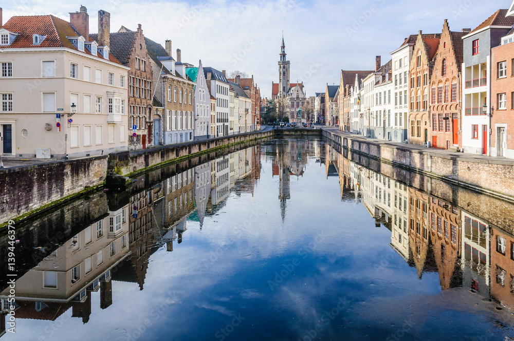 Reflection of church in Bruges, Belgium
