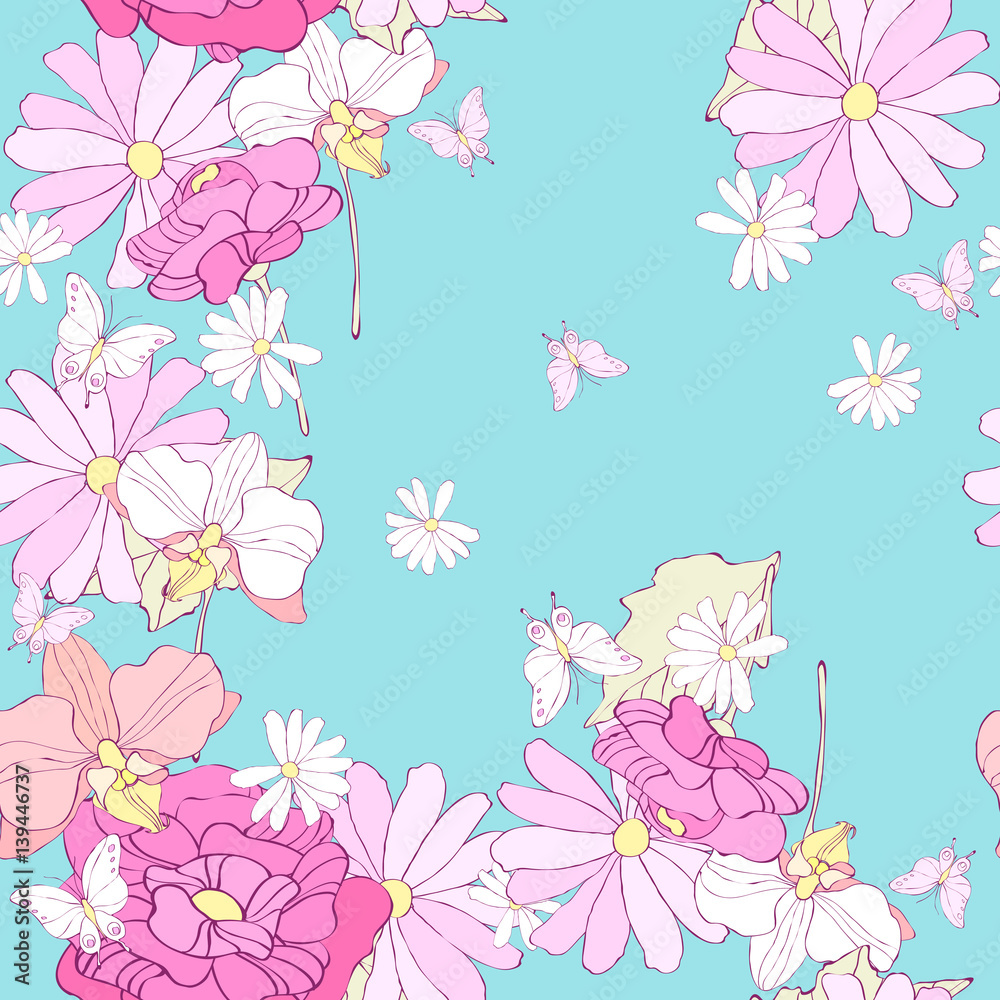 beautiful pink flowers , on a blue, pattern