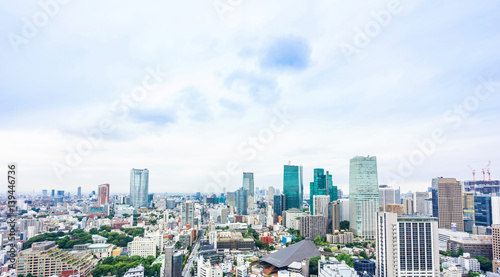 Business and culture concept - panoramic modern city skyline bird eye aerial view from tokyo tower under dramatic morning blue cloudy sky in Tokyo, Japan