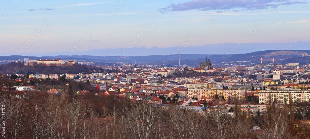 The city of Brno, Czech Republic-Europe. Top view of the city with monuments and roofs. Ancient churches Petrov and castles Spilberk. Panorama photo.