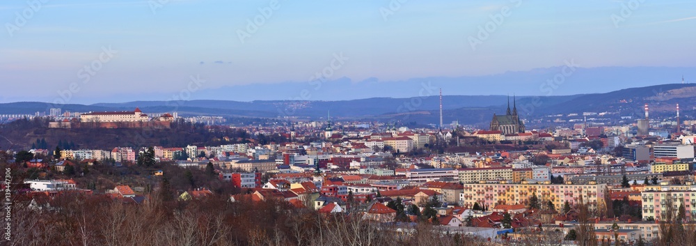 The city of Brno, Czech Republic-Europe. Top view of the city with monuments and roofs. Ancient churches Petrov and castles Spilberk. Panorama photo.