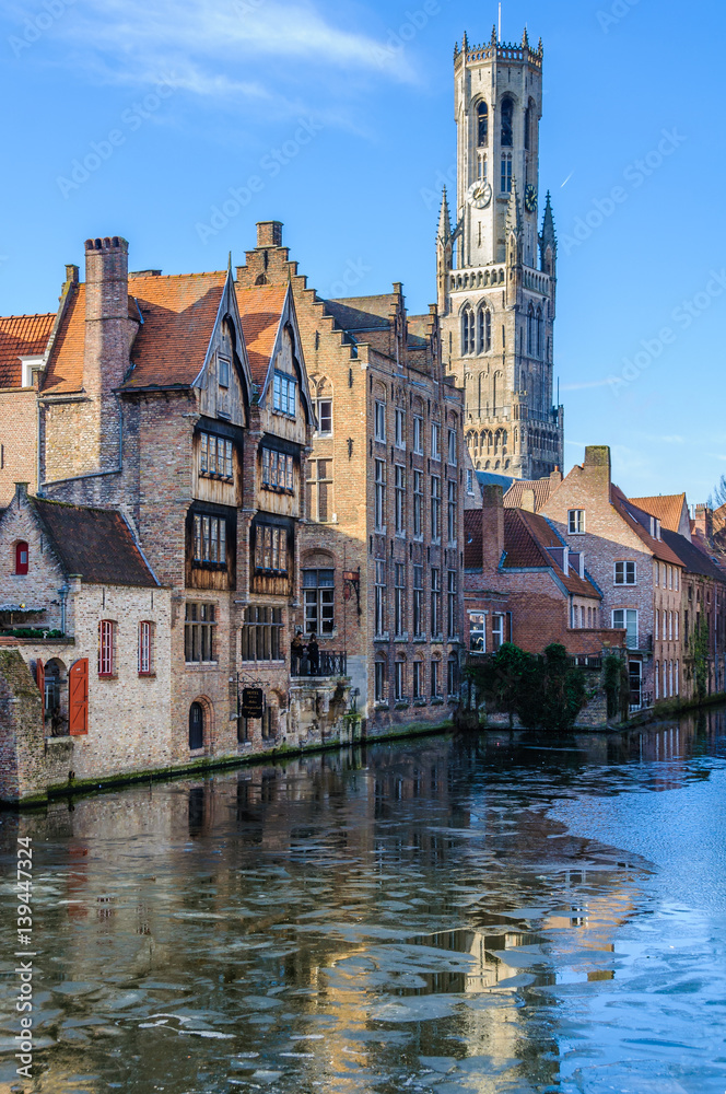 Reflection of medieval buildings in Bruges, Belgium