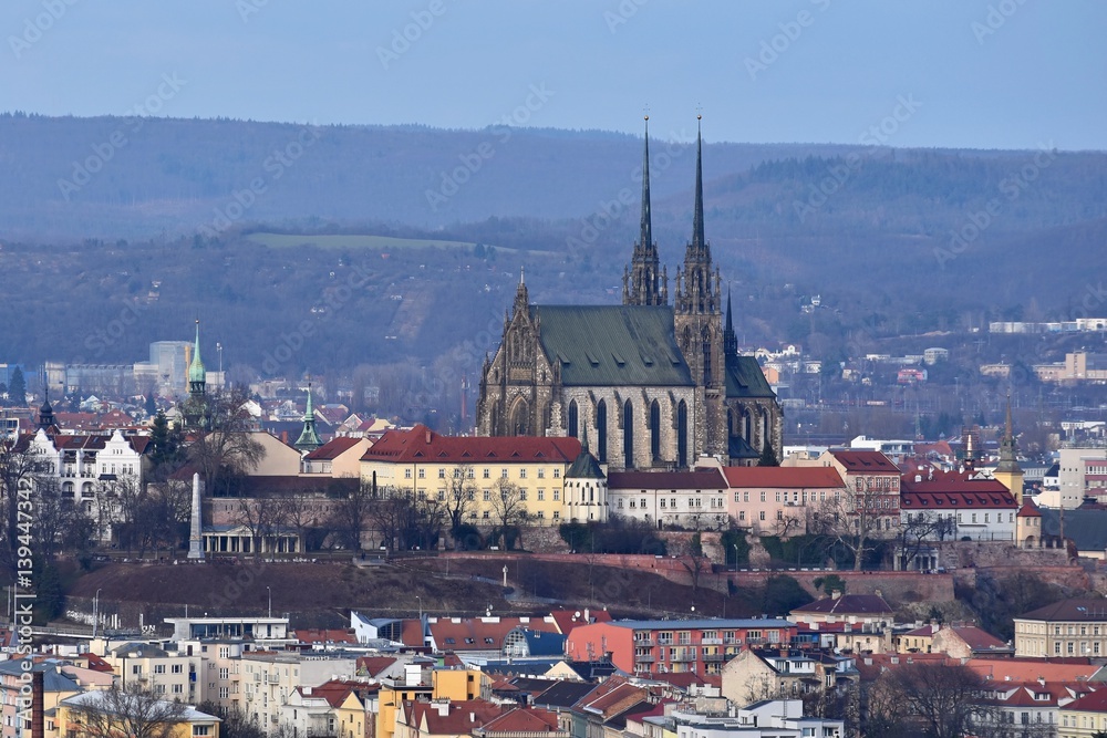 Naklejka premium The city of Brno, Czech Republic-Europe. Top view of the city with monuments and roofs. Church Petrov.