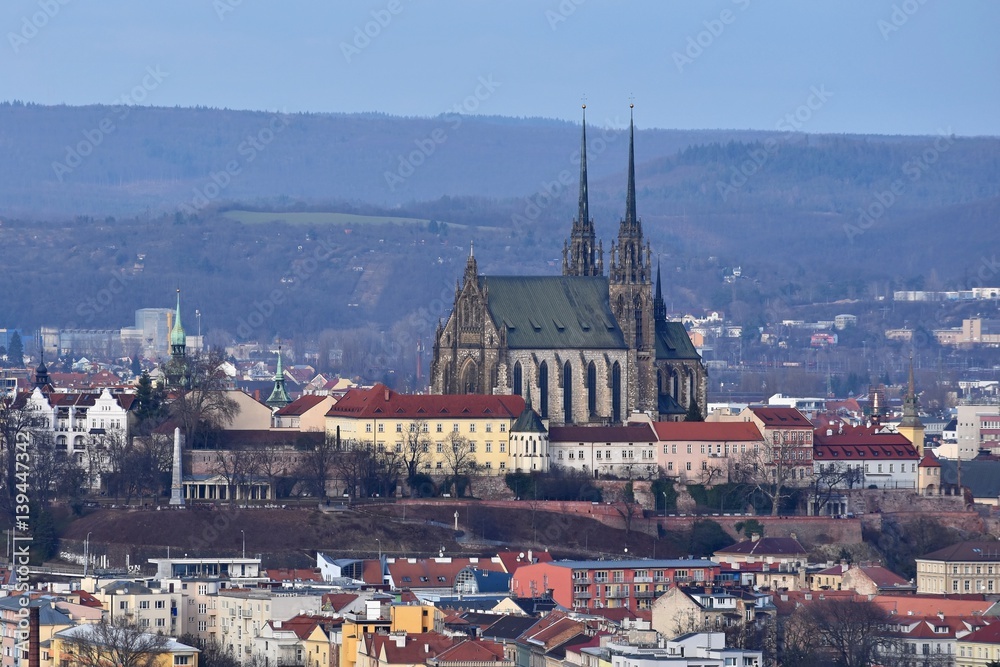 The city of Brno, Czech Republic-Europe. Top view of the city with monuments and roofs. Church Petrov.