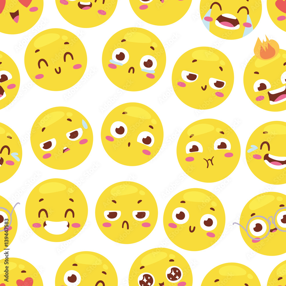 Seamless pattern with cheerful happy smileys for textiles interior or book design and funny character website yellow expression background vector illustration