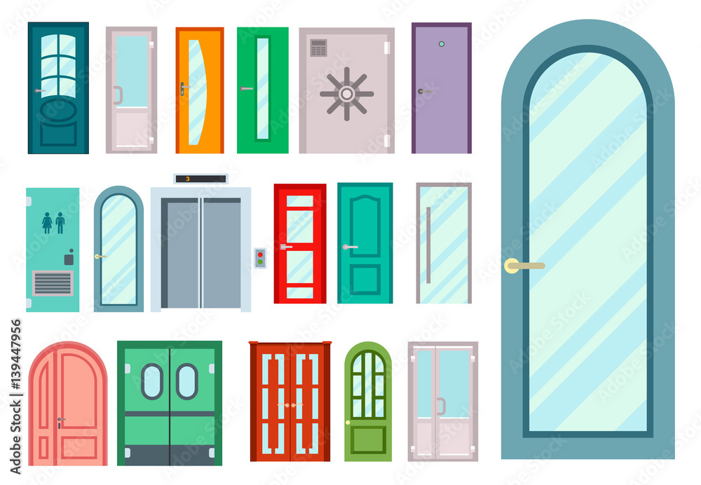 Doors isolated vector illustration entrance doorway home house interior exit design architecture entry set enter object front wooden handle close