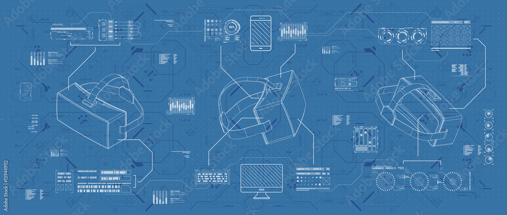 HUD ui for virtual reality glasses. Futuristic user interface for app and web. Head-up display infographic, set elements for motion design.