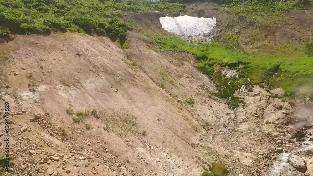 Aerial View. Thermal spring gushes out of the ground. Hot spring water in the mountains Aerial View. Thermal spring gushes out of the ground. Hot spring water in the mountains