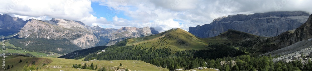 Impressive panorama view on Val gardena and famous mountains in the dolomite alps (sella stock, Italy)