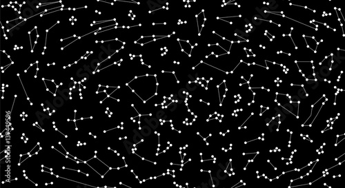 Vector. Seamless pattern for decoration, design. Astronomy different constellations on a black background. Zodiac sign of the bright stars. Glowing lines and points. Star chart, map. Deep space