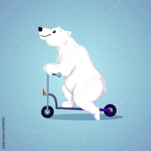 Polar cartoon smiling bear riding a scooter.