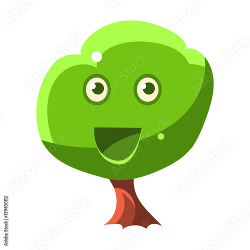 Green Tree With Smiling Face, Fairy Tale Candy Land Fair Landscaping Element In Childish Colorful Design Isolated Object