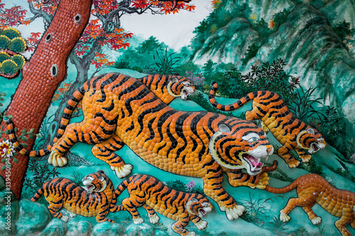 Tigers on a wall in a Chinese shrine