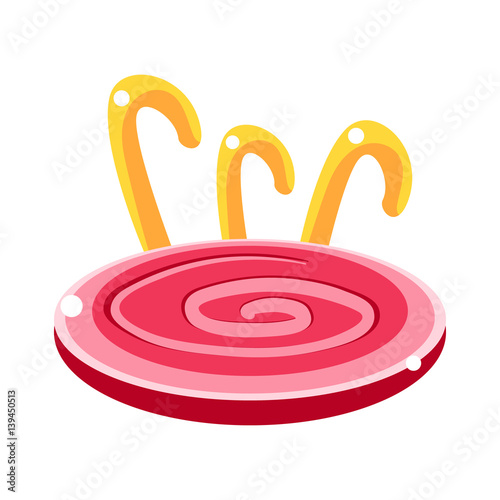 Pink Jam Pond With Candy Hook Sticks Around, Fairy Tale Candy Land Fair Landscaping Element In Childish Colorful Design Isolated Object