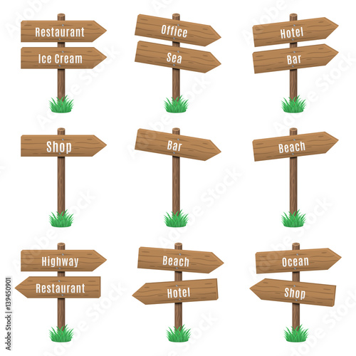 Vector set of wooden arrow signs with text on grass