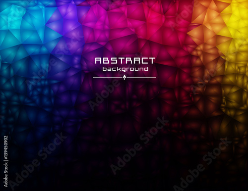 Abstract low poly triangles background. Geometric polygonal design. Multicolor. Warm colors and shades. All colors of the rainbow. Red, blue, yellow, green. Light to dark, stretching.