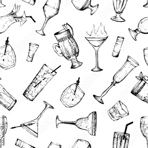 Cocktails - black and white seamless pattern with hand-drawn drinks