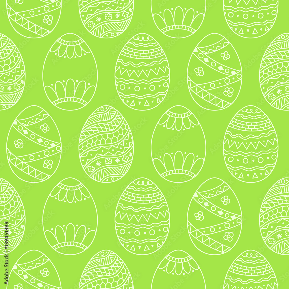 Vector seamless simple pattern with easter eggs. Easter holiday green background of ornamental eggs