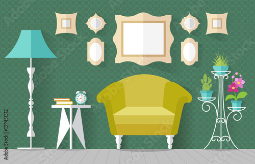 Interior with furniture and a stand for flowers in flat style. Vector illustration. Living room, lounge in green. Interior Design.