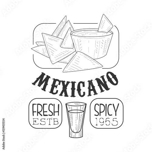 Restaurant Fresh Mexican Food Menu Promo Sign In Sketch Style With Nachos And Dip , Design Label Black And White Template
