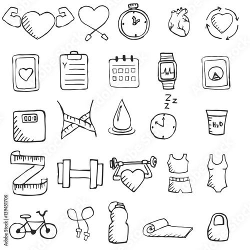 Set of hand drawn healthy lifestyle icons set.