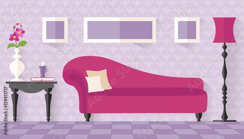 Interior with pink couch in flat style. living room, lounge. Vector illustration. Boudoir for women in purple tones with ottoman. Interior Design.