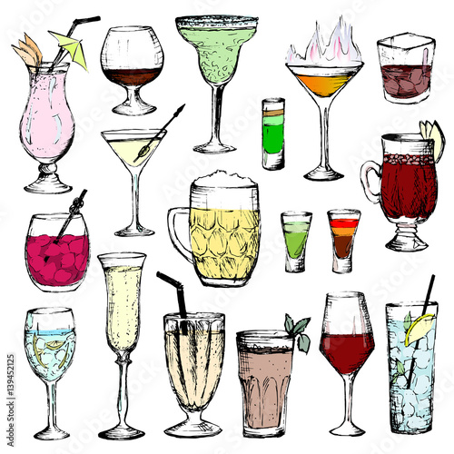 Cocktails - set of 18 color hand-drawn drinks